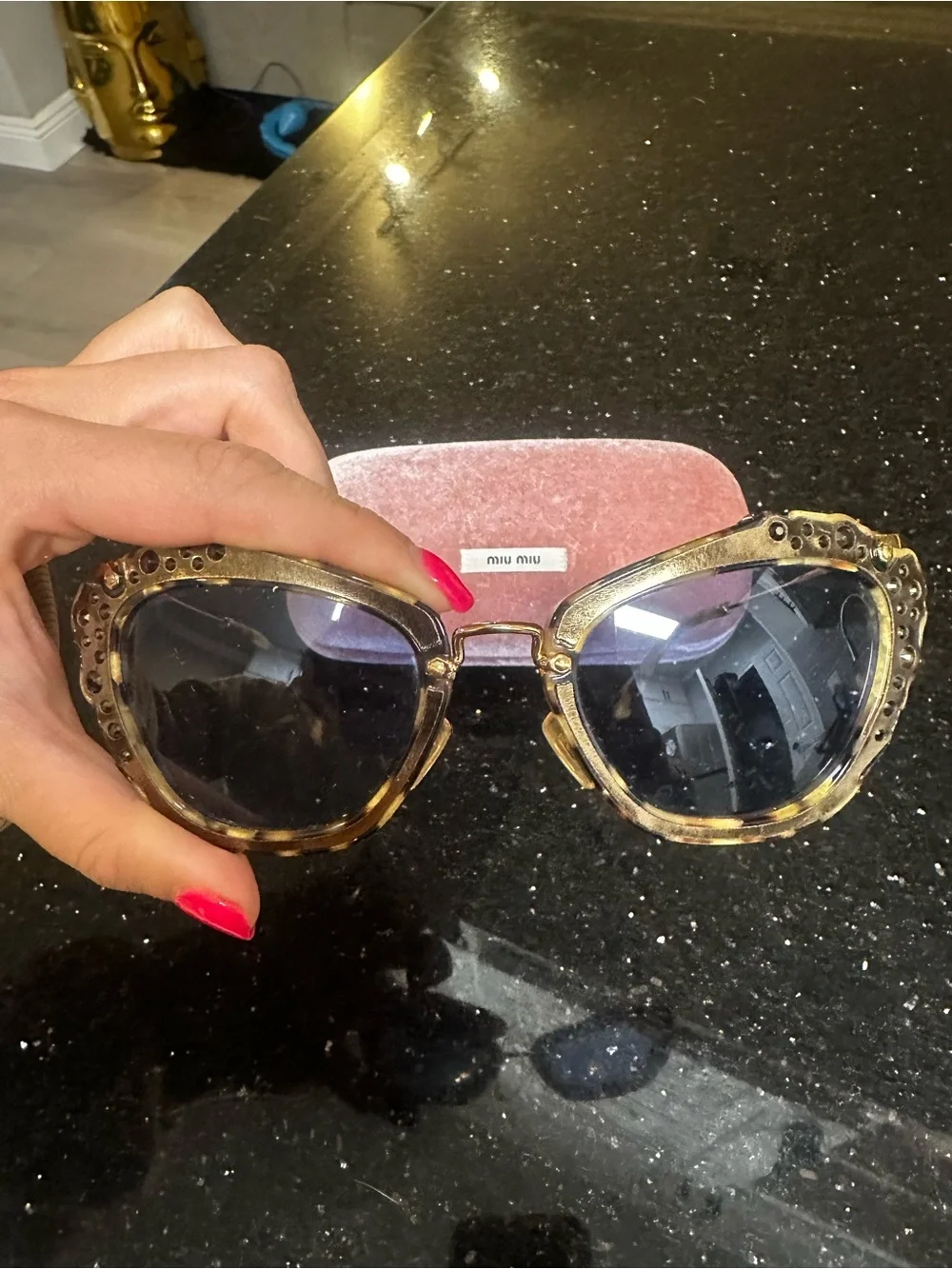Miu Miu Gold Tortoiseshell Frame Sunglasses with Purple Lenses - Picture 3 of 6